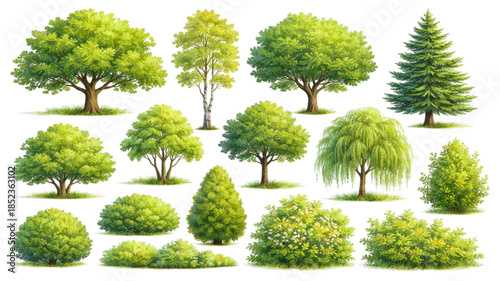 A set of isolated vector trees featuring green summer foliage and oak branches on a white background for nature landscape and forest environment design