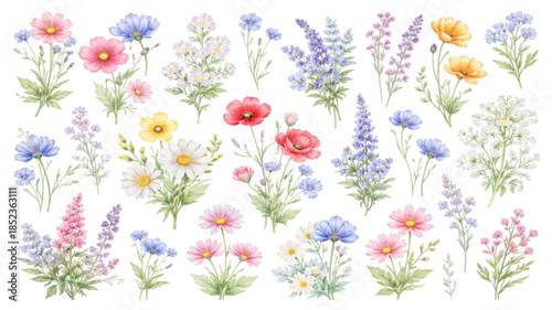 Seamless floral pattern of spring flowers and chamomile in the green grass creates a beautiful nature wallpaper design with blooming daisies and garden blossoms