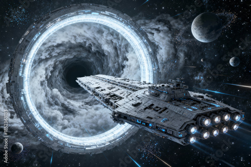 Spaceship Approaching Wormhole in Space