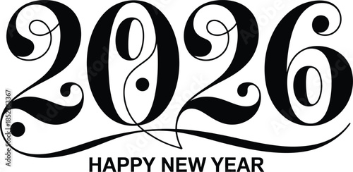 2026 happy new year text with ornate numbers
