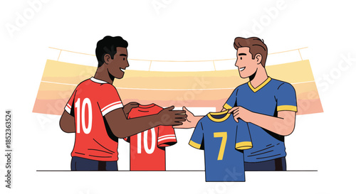 Soccer players exchanging jerseys on field