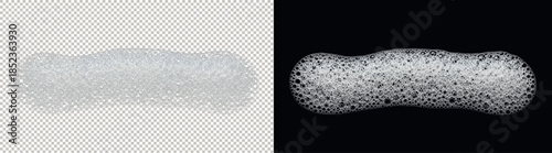 Horizontal smear of white soap foam with tiny bubbles isolated on transparent and black backgrounds.