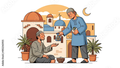 illustration of a Muslim person giving charity to someone in need during Ramadan.