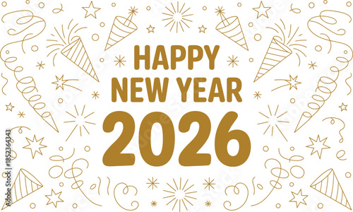 Happy New Year 2026 celebration with confetti and party poppers