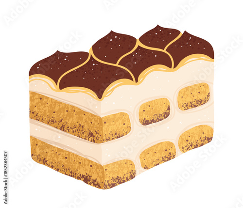 Tiramisu dessert slice with cocoa and cream, hand drawn texture illustration. Sweet holiday Italian dessert art. Vector hand drawn cartoon Tiramisu design for menu, signboard, showcases print, poster