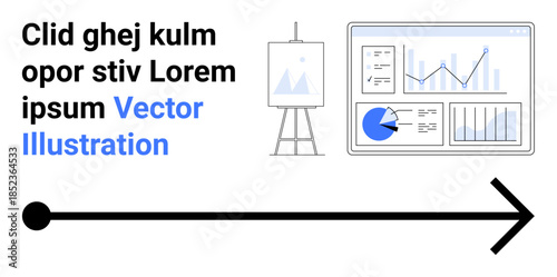 Horizontal arrow points to analytics screen with graphs, pie chart, and bar graphs beside an easel displaying a chart. Ideal for analytics, presentations, progress, statistics, data tracking