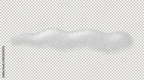 Long horizontal white fluffy cloud or soap foam shape isolated on a transparent background.