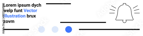 Notification bell with radiating lines, abstract horizontal lines, and placeholder text. Circular progress indicators in gradient tones. Ideal for alerts, reminders, updates, UI design, minimalism