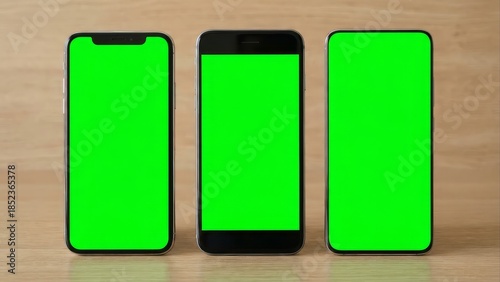 Three modern mobile phones with blank green screens for advertising