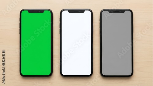 Three modern mobile phones with different screen displays on a wooden surface