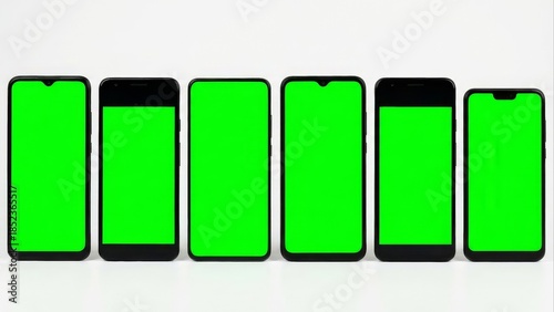 Multiple modern smartphones with green screen displays in a row