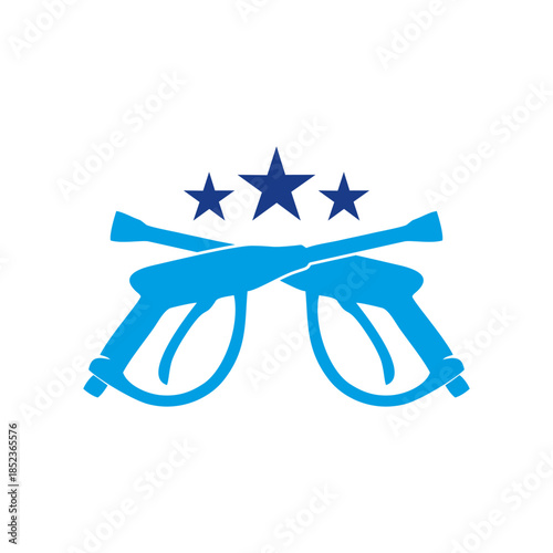 Two blue pressure washer guns crossed with three blue stars above them on a white background.