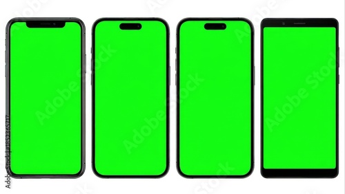 Four green screen smartphones displaying bright chroma key backgrounds