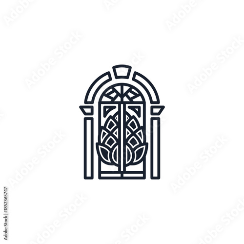 An elegant, stylized illustration of an arched doorway featuring a prominent hop cone design.