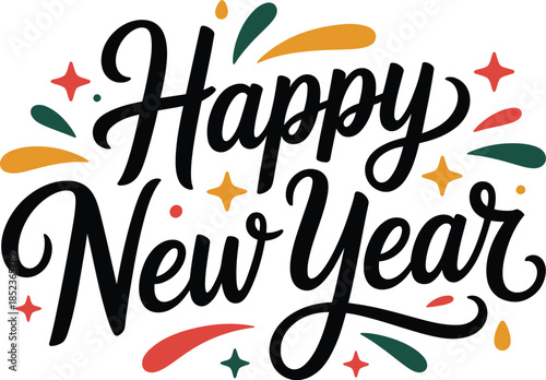 Happy New Year calligraphy with festive shapes lettering