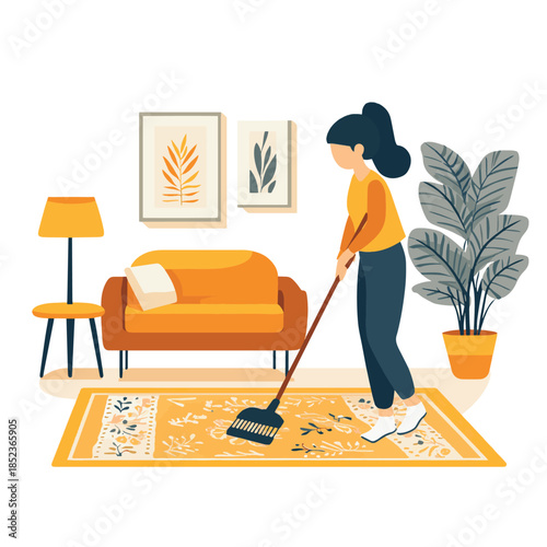 A person sweeps a rug with a broom in a brightly lit room. A couch, table, and plant complete the scene , vector style simple color