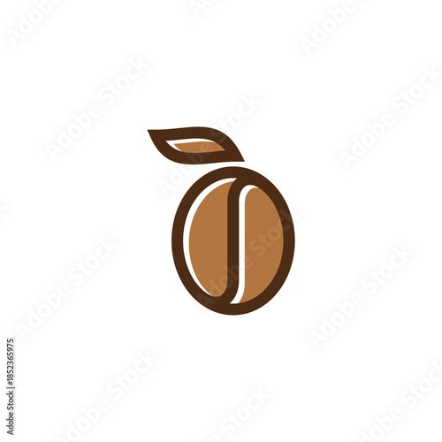 A stylized illustration of a single coffee bean with two small leaves emerging from the top.