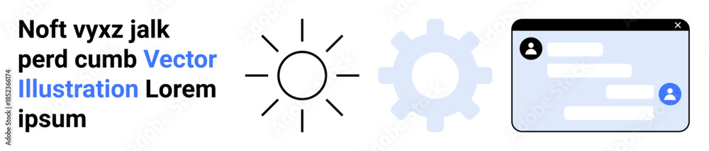 Obraz premium Technology, user interface design, communication, programming, app development, settings configuration. A sun symbol, gear icon and chat window interface. Technology and user interface design