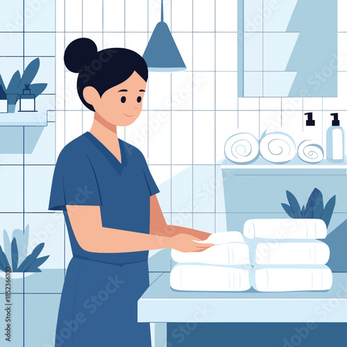 A person in blue scrubs is folding a towel, alongside a stack of rolled white towels. A minimal bathroom is the backdrop , vector style simple color
