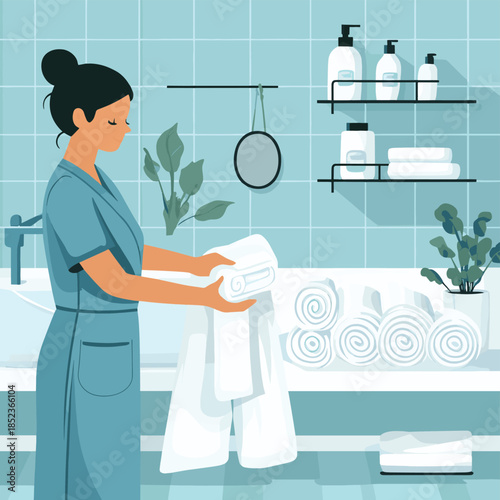 A person in blue scrubs is folding a towel, alongside a stack of rolled white towels. A minimal bathroom is the backdrop , vector style simple color