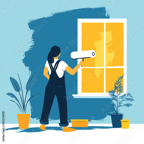 A person in overalls paints a wall blue with a roller. There's a plant, window, and artwork , vector style simple color