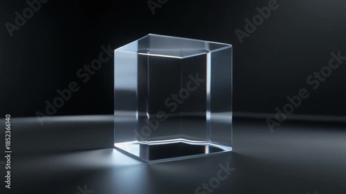 transparent empty glass cube with soft lighting rotating on dark room