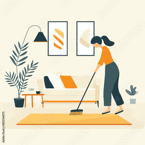 A person sweeps a rug with a broom in a brightly lit room. A couch, table, and plant complete the scene , vector style simple color