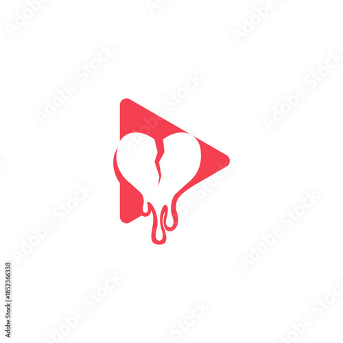 A red play button icon with a broken heart symbol inside, dripping liquid.