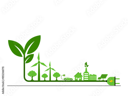Green city powered by clean energy sources connected to various green energy sources like solar panels and wind turbines. Green energy vector illustration. Flat illustration concept.