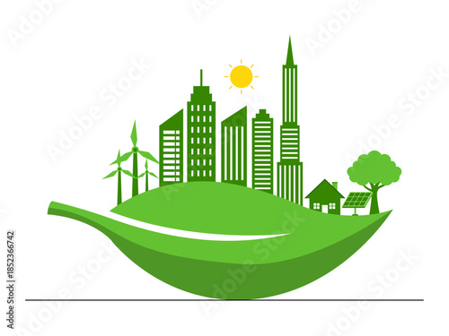 An ecological city or environmentally friendly sustainable development, where urban life coexists with nature. Green energy vector illustration. Flat illustration concept.