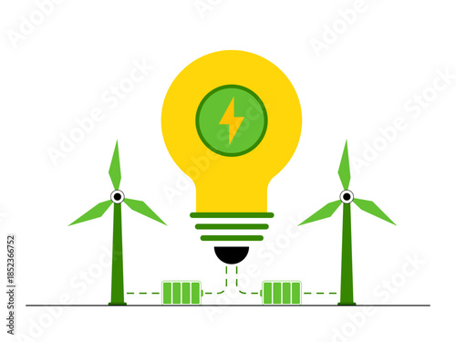 The two wind turbines convert the kinetic energy of the wind into mechanical energy which is then used to generate electricity. Green energy vector illustration. Flat illustration concept.