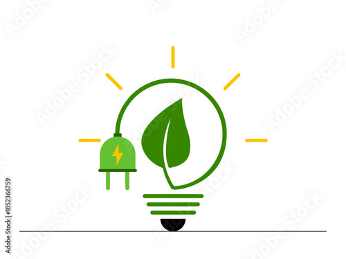 A lightbulb filament replaced by a green leaf and an electric plug, representing energy efficiency and eco-friendly power sources. Green energy vector illustration. Flat illustration concept.