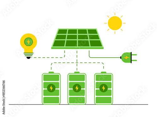 Hybrid solar energy system which converts sunlight into electricity and stores it in batteries for later use. Green energy vector illustration. Flat illustration concept.