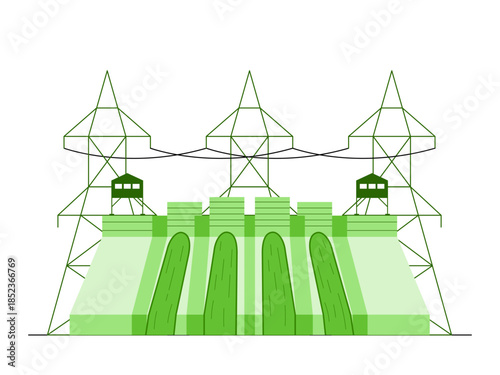 Hydroelectric dam structure with water flowing through channels connected to the electricity grid via towers and high-voltage transmission. Green energy vector illustration. Flat illustration concept.
