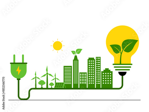 Green energy powering a sustainable city highlights the transition from traditional power sources to cleaner alternatives. Green energy vector illustration. Flat illustration concept.