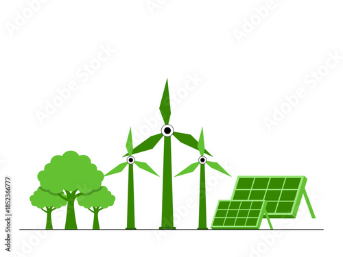 Wind and solar power generation, alongside natural elements like trees. Green energy vector illustration. Flat illustration concept.