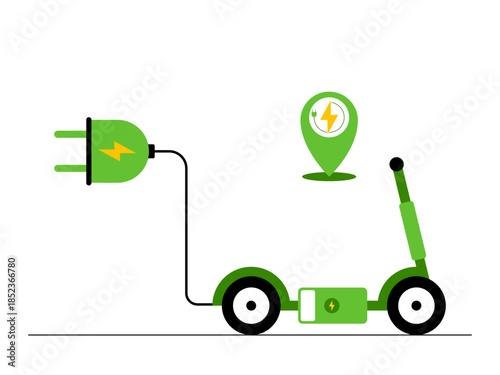 Electric scooters (e-scooters) with charging powered by an electric motor and rechargeable battery. Green energy vector illustration. Flat illustration concept.