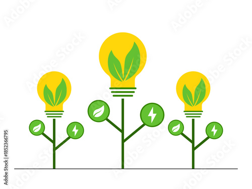 Light bulbs growing like plants representing sustainable power and natural sources of energy. Green energy vector illustration. Flat illustration concept.