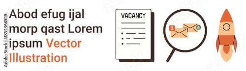 Recruitment, career growth, email communication, job search, professional success, motivation. Magnifying glass, emails vacancy document rocket. Recruitment and career growth