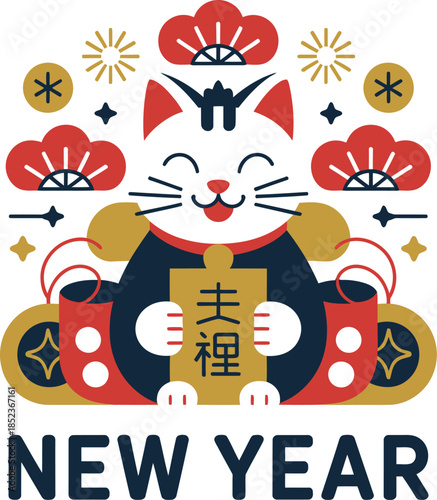 Maneki neko cat holding gold sign with new year text