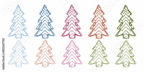 A collection of colorful hand drawn christmas trees in a grid arrangement