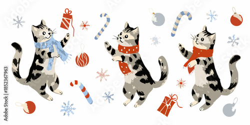 Festive cats celebrating winter holidays with ornaments and cozy winter accessories