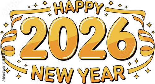 Happy New Year 2026 golden numbers with ribbons and stars