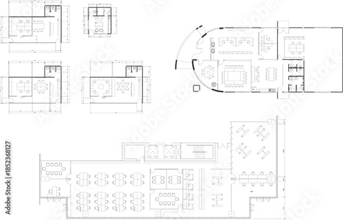 2D Drawing Office Floor Plan with Furniture Layout, Workspace, Meeting Room, Restroom, and Storage Area Designs