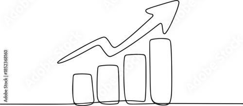 Business growth chart continuous line illustration with upward arrow, financial progress and success concept isolated