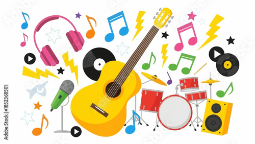 A vibrant collection of musical instruments and symbols, celebrating the joy of sound and creativity