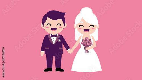 Happy cartoon wedding couple holding hands and smiling, bride in white dress and groom in suit