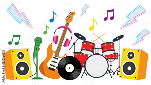 Collection of musical instruments and sound equipment representing music and entertainment