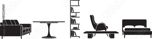 Black and white furniture set including sofa, table, bookshelf, chair, and bed