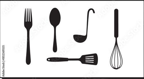 Black and white kitchen utensils including fork spoon ladle spatula and whisk